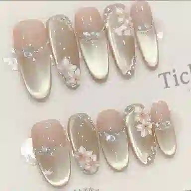 计轩 纯手工纯欲风穿戴手绘美甲猫眼高级温柔显白贴片  中长款粉色纯色 纯色