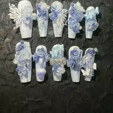计轩 纯手工雕花水晶蝴蝶新中式古风奢华浮雕玫瑰  穿戴甲 长款蓝色渐变 纯欲