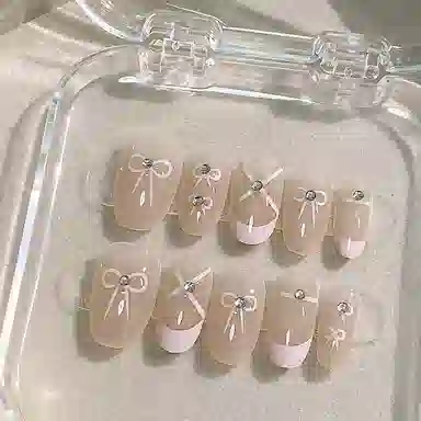 计轩 法式芭蕾舞鞋蝴蝶结  穿戴甲 中梯椭圆粉色晕染 可爱