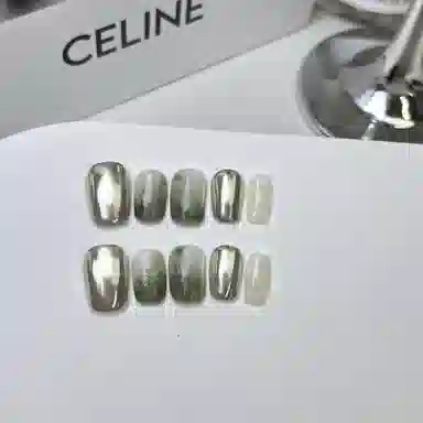 计轩 纯手工穿戴甲爆款百搭款美甲甲片穿戴方便  短款青色纯色 亮片