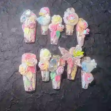 计轩 夏季多巴胺纯手绘清新显白花朵温柔雕花清透高级炫雅风  穿戴甲 长款玫瑰晕染 纯欲