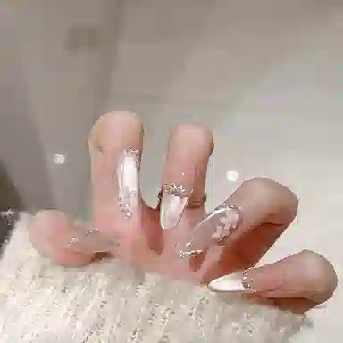计轩 纯手工纯欲风穿戴手绘美甲猫眼高级温柔显白贴片  中长款粉色纯色 纯色