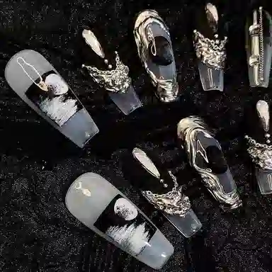 计轩 夜来风雨  穿戴甲 长款黑白晕染 国风