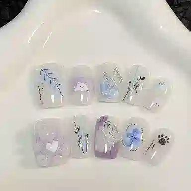计轩 高颜值显白立体小熊  穿戴甲 短款透明图案纯色 可爱