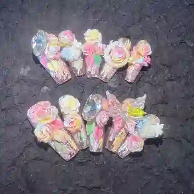 计轩 夏季多巴胺纯手绘清新显白花朵温柔雕花清透高级炫雅风  穿戴甲 长款玫瑰晕染 纯欲