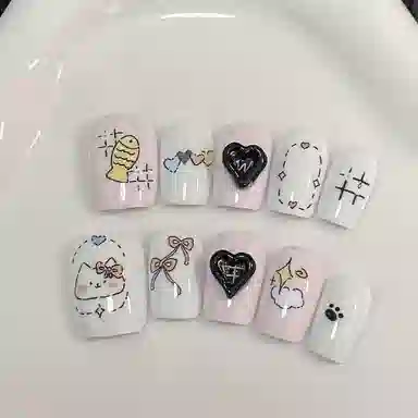 计轩 卡通少女穿戴甲高颜值短款显白立体  短方粉色跳色 可爱
