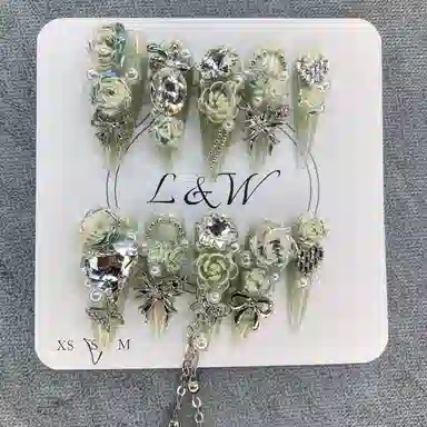 计轩 重工夜光花奢华蝴蝶玫瑰  穿戴甲 长款绿渐变 爆闪