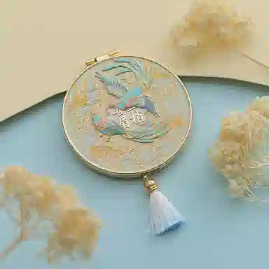 计轩 中国风文创金属折叠古典彩印雕刻流苏手持化妆镜
