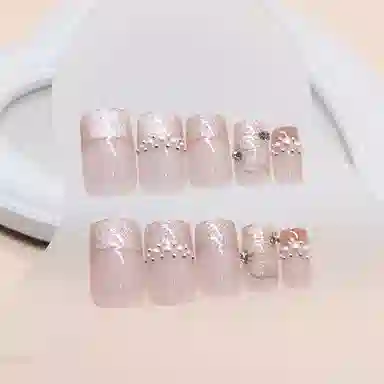 计轩 珍珠飘带  穿戴甲 短梯粉色晕染 猫眼