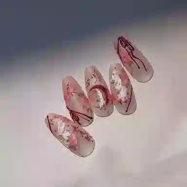 计轩 中式国风洁白九尾狐美甲浮雕桃花  穿戴甲 中梯红晕染 纯欲