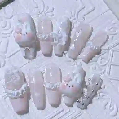 计轩 甜妹粉嫩少女心裙摆兔妹  穿戴甲 长款粉晕染 可爱