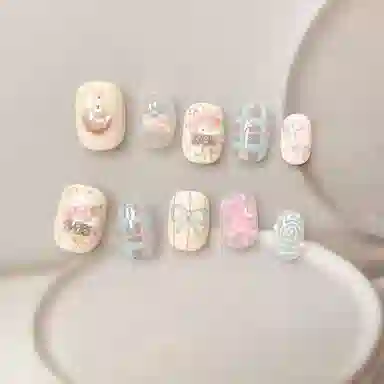 计轩 草莓冰激凌半手工穿戴美甲樱桃蝴蝶可爱指甲显白短款夏天清新  短梯短方圆黄色跳色