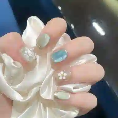 计轩 冰蓝冰绿山茶花  穿戴甲 短梯金属晕染 猫眼 立体鎏金高级感美甲