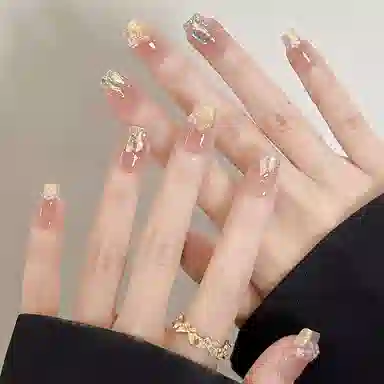 计轩 纯手工穿戴甲高级感碎钻仙女美甲精致美甲贴片  短梯粉色晕染 亮片