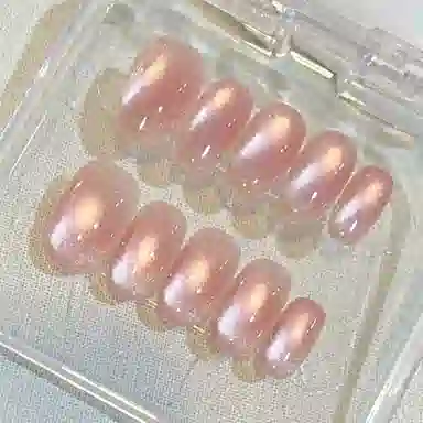 计轩 超仙纯欲裸色纯手工美甲玻璃珠爆闪猫眼温柔甜美可拆卸穿戴甲贴片  中梯短梯短方短圆椭圆短款中长款冰镇荔枝渐变