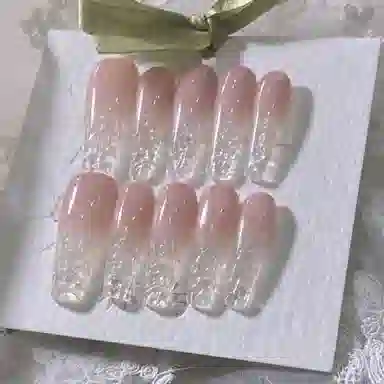 计轩 纯欲碎碎冰冰透琉璃腮红  穿戴甲 长款粉色渐变 亮片