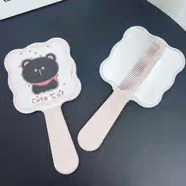 计轩 粉波点黑猫手柄镜化妆镜 便携可爱少女心