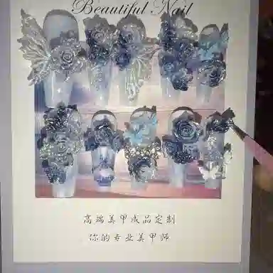 计轩 纯手工雕花水晶蝴蝶新中式古风奢华浮雕玫瑰  穿戴甲 长款蓝色渐变 纯欲