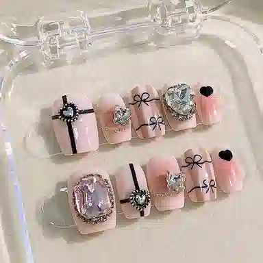 计轩 手工显白春夏芭蕾公主辣妹钻球蝴蝶结  穿戴甲 短款粉色晕染 可爱