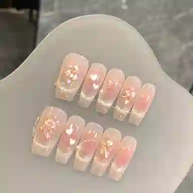计轩 法式猫眼爱心极光钻美甲穿戴甲纯手工美甲片  短款粉色晕染 纯色