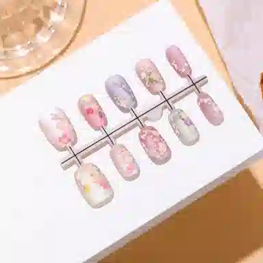 计轩 莫奈花园油画小花磨砂刺绣猫眼手工显白可拆卸高级  穿戴甲 短梯粉红色跳色