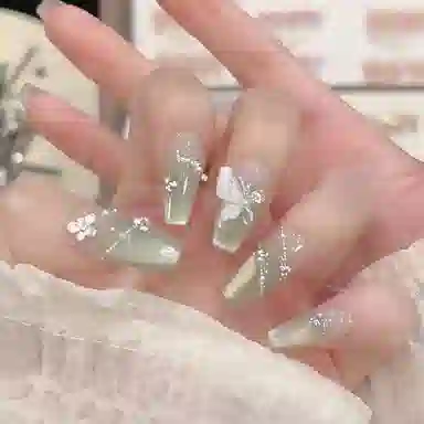 计轩 猫眼千金薄荷曼波纯手工穿戴甲满钻长甲假指甲可拆美甲贴片  短梯绿色渐变 纯欲