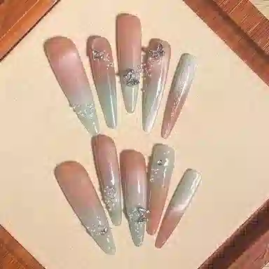 计轩 多巴胺猫眼蝴蝶  穿戴甲 长款粉色渐变 纯欲
