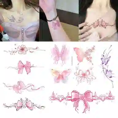 计轩  玫瑰锁骨英文小清新纹身贴 粉色蝴蝶持久甜美少女