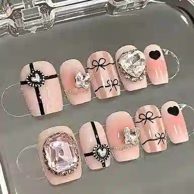 计轩 手工显白春夏芭蕾公主辣妹钻球蝴蝶结  穿戴甲 短款粉色晕染 可爱