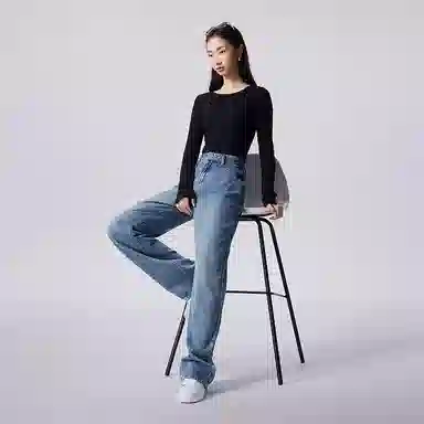 初语 复古高腰休闲百搭宽松显瘦直筒牛仔裤 女款