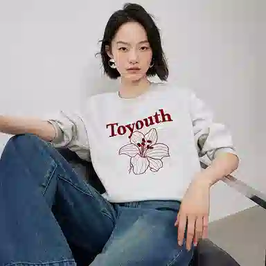 初语 慵懒风刺绣百合花套头圆领无帽卫衣 女款