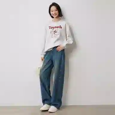 初语 慵懒风刺绣百合花套头圆领无帽卫衣 女款