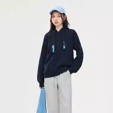 初语 藏青色可爱猫咪刺绣宽松加绒加厚连帽衫卫衣 女款