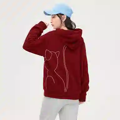 初语 藏青色可爱猫咪刺绣宽松加绒加厚连帽衫卫衣 女款