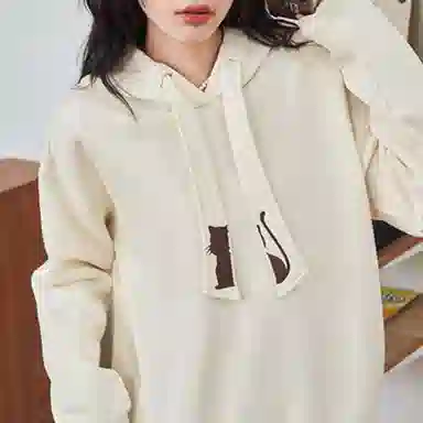 初语 藏青色可爱猫咪刺绣宽松加绒加厚连帽衫卫衣 女款