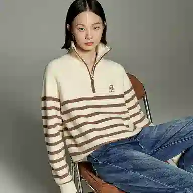 初语 拉链半领条纹套头洋气减龄加厚宽松毛衣针织衫 女款