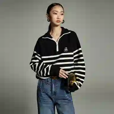 初语 拉链半领条纹套头洋气减龄加厚宽松毛衣针织衫 女款