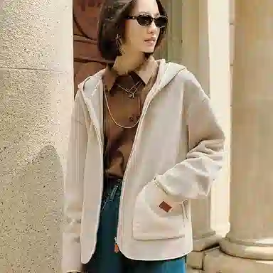 初语 双面绒保暖加厚双插兜加绒拉链连帽衫夹克 女款