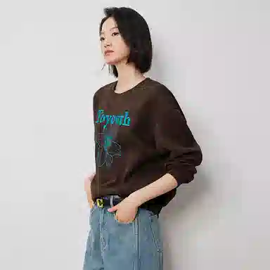 初语 慵懒风刺绣百合花套头圆领无帽卫衣 女款