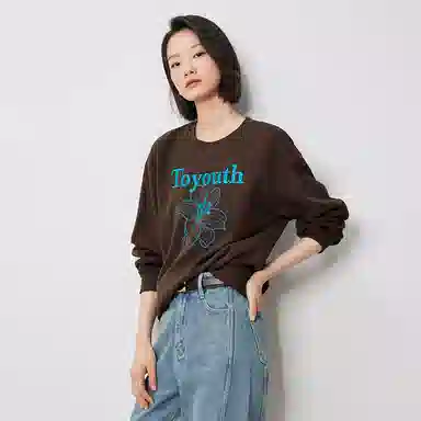 初语 慵懒风刺绣百合花套头圆领无帽卫衣 女款