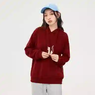 初语 藏青色可爱猫咪刺绣宽松加绒加厚连帽衫卫衣 女款