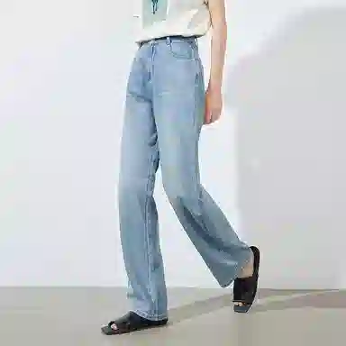 初语 复古休闲高腰拉链直筒牛仔裤 女款 浅蓝色