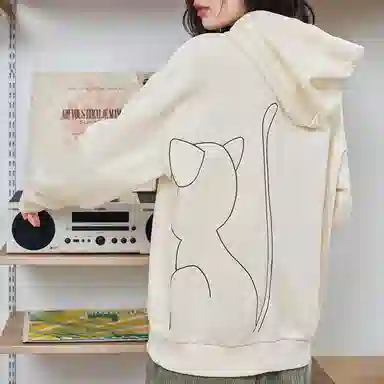 初语 藏青色可爱猫咪刺绣宽松加绒加厚连帽衫卫衣 女款