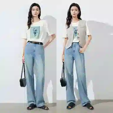 初语 复古休闲高腰拉链直筒牛仔裤 女款 浅蓝色