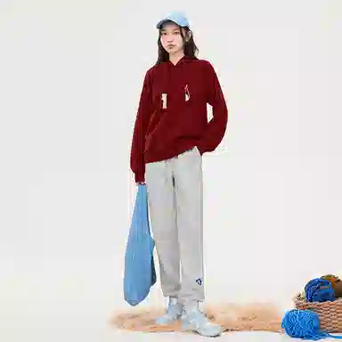 初语 藏青色可爱猫咪刺绣宽松加绒加厚连帽衫卫衣 女款