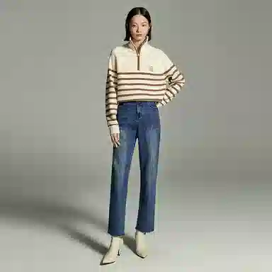 初语 拉链半领条纹套头洋气减龄加厚宽松毛衣针织衫 女款