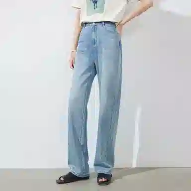 初语 复古休闲高腰拉链直筒牛仔裤 女款 浅蓝色