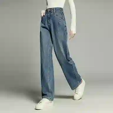 初语 复古高腰休闲百搭宽松显瘦直筒牛仔裤 女款