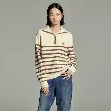 初语 拉链半领条纹套头洋气减龄加厚宽松毛衣针织衫 女款