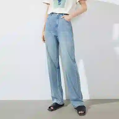 初语 复古休闲高腰拉链直筒牛仔裤 女款 浅蓝色